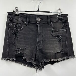 American Eagle 6 Hi-Rise Shortie Women Black Distressed Raw Hem Denim Shorts